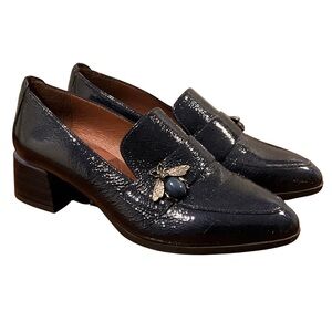 Hispanitas Navy Blue Crinkle Patent Leather Loafer Pumps
